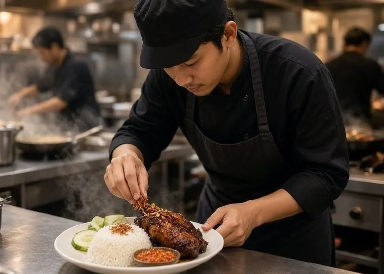 Juru masak menata iga bakar di atas piring di dapur restoran