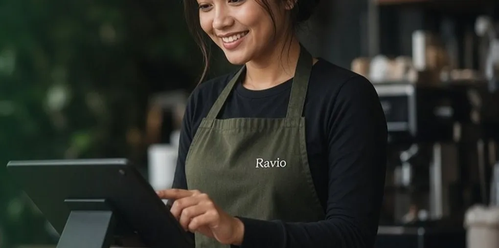 Kasir tersenyum memasukkan pesanan di tablet POS