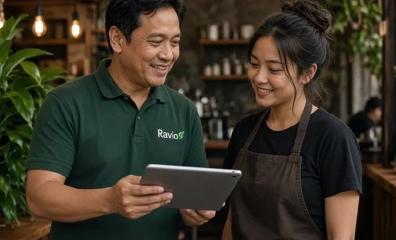 Konsultan Ravio memeriksa laporan di tablet bersama staf outlet