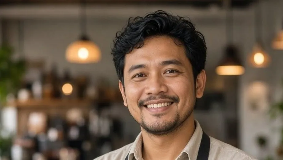Pemilik restoran tersenyum di ruang makan